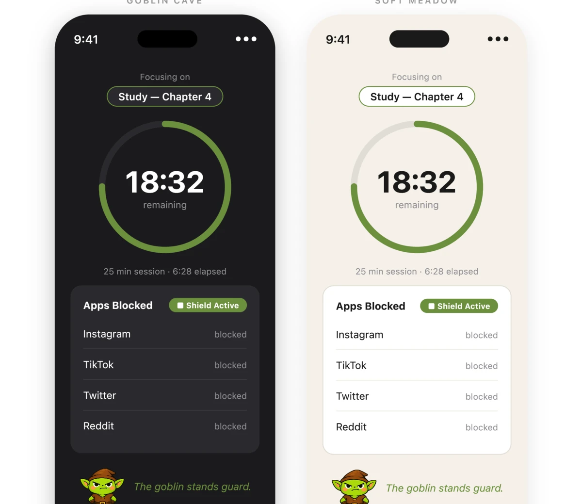 Active focus session with countdown timer and blocked apps list in both dark and light themes